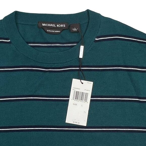 New Michael Kors Men US L Green Sweatshirt Striped Crew Neck Pullover  $128 - Picture 4 of 8